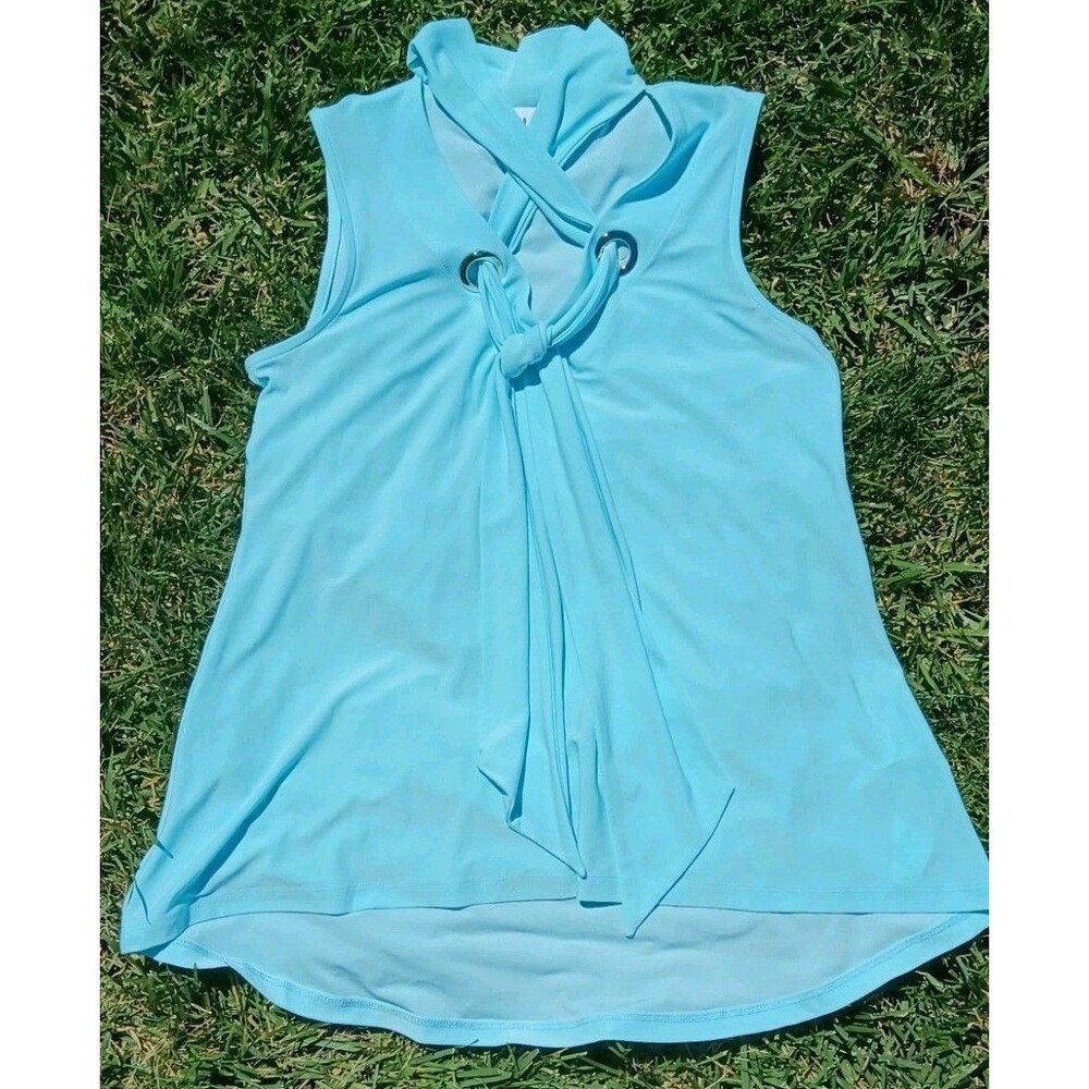 Joseph Ribkoff Size 8 Aqua Sleeveless Grommet Tie Front Top Made In Canada